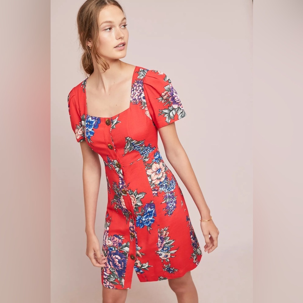 Anthropologie Maeve Caldwell Buttondown Dress Floral Red Boho Size 0 XXS XS